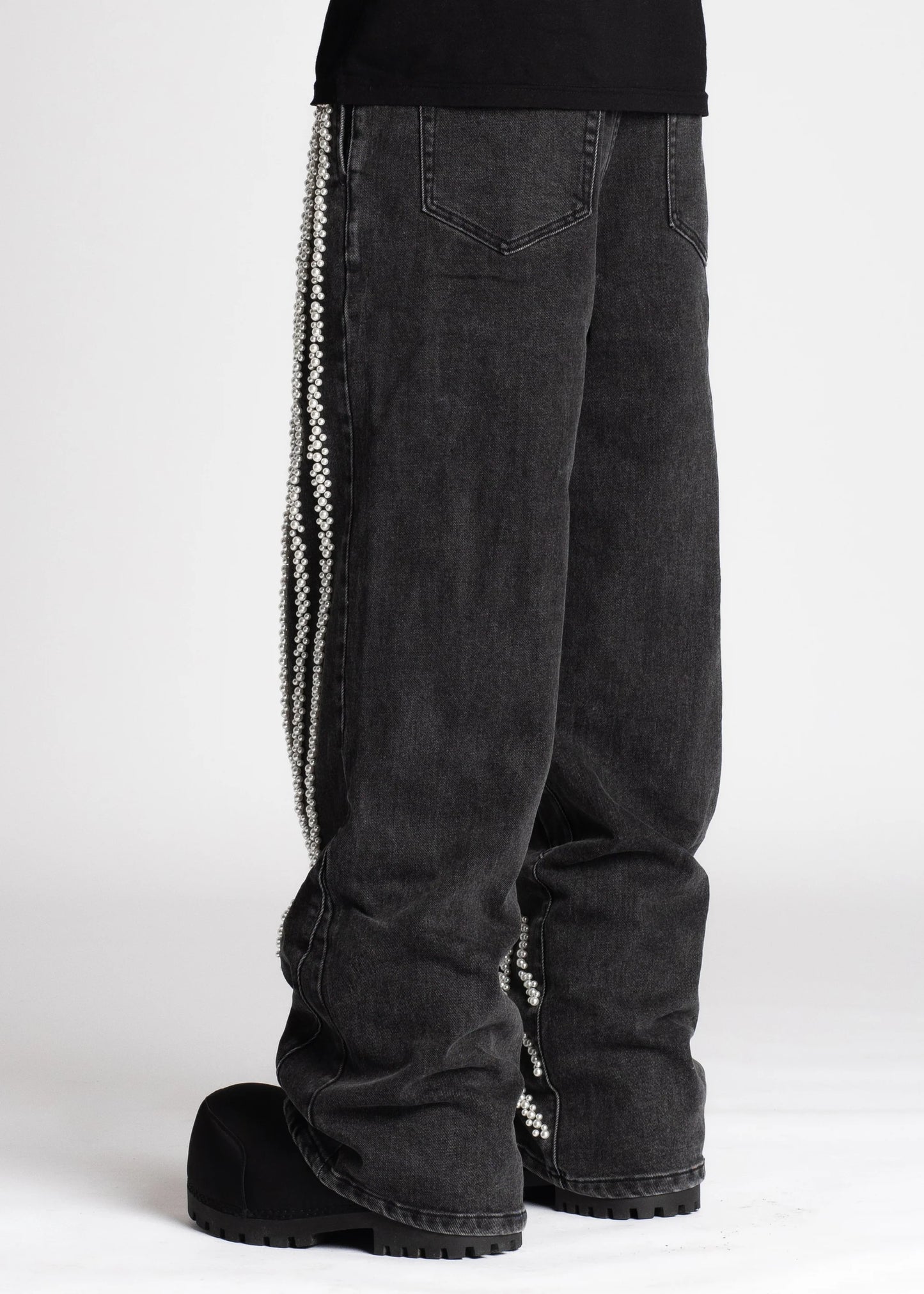 Guapi Iron Grey Pearls statement denim, alternate angle, men's streetwear