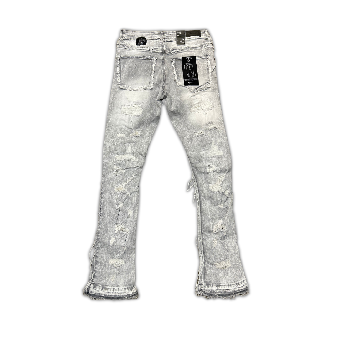 Focus Ripped Stacked Denim - Light Grey ripped stacked jeans, alternate angle, men's streetwear