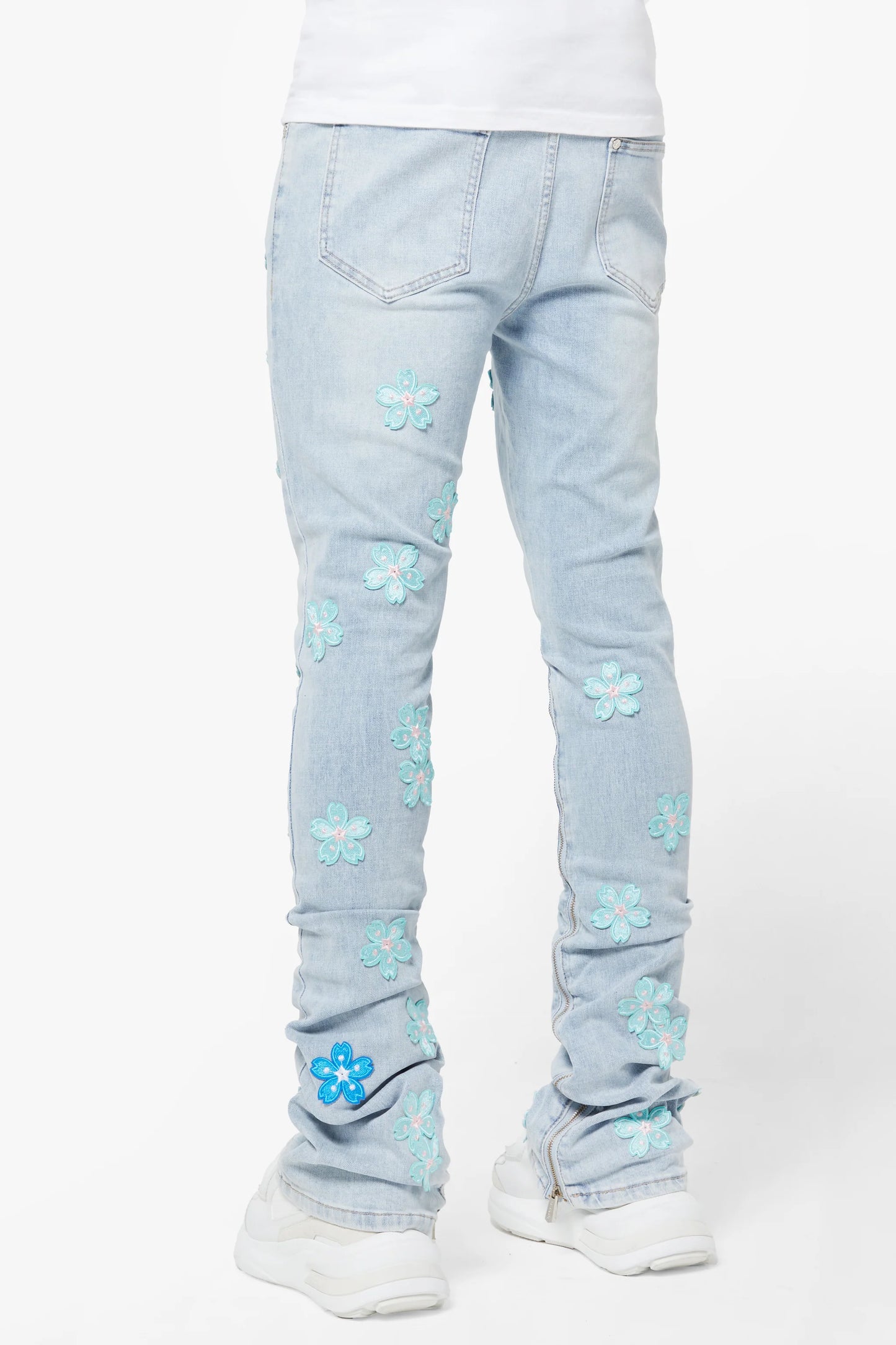 Guapi Aqua Blue Blossom statement denim, alternate angle, men's streetwear