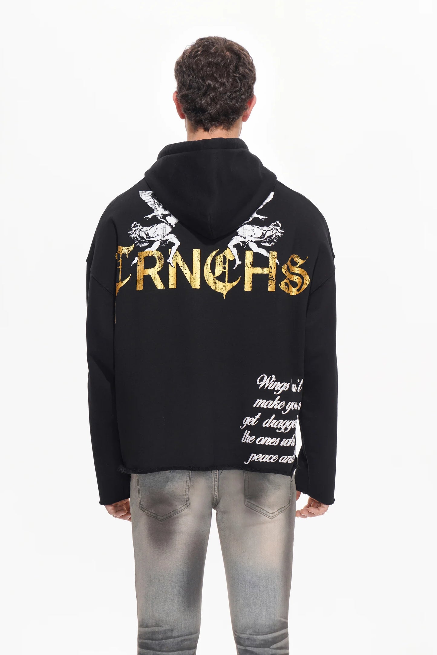 TRNCHS Heaven Has No Saints graphic hoodie, alternate angle, men's streetwear