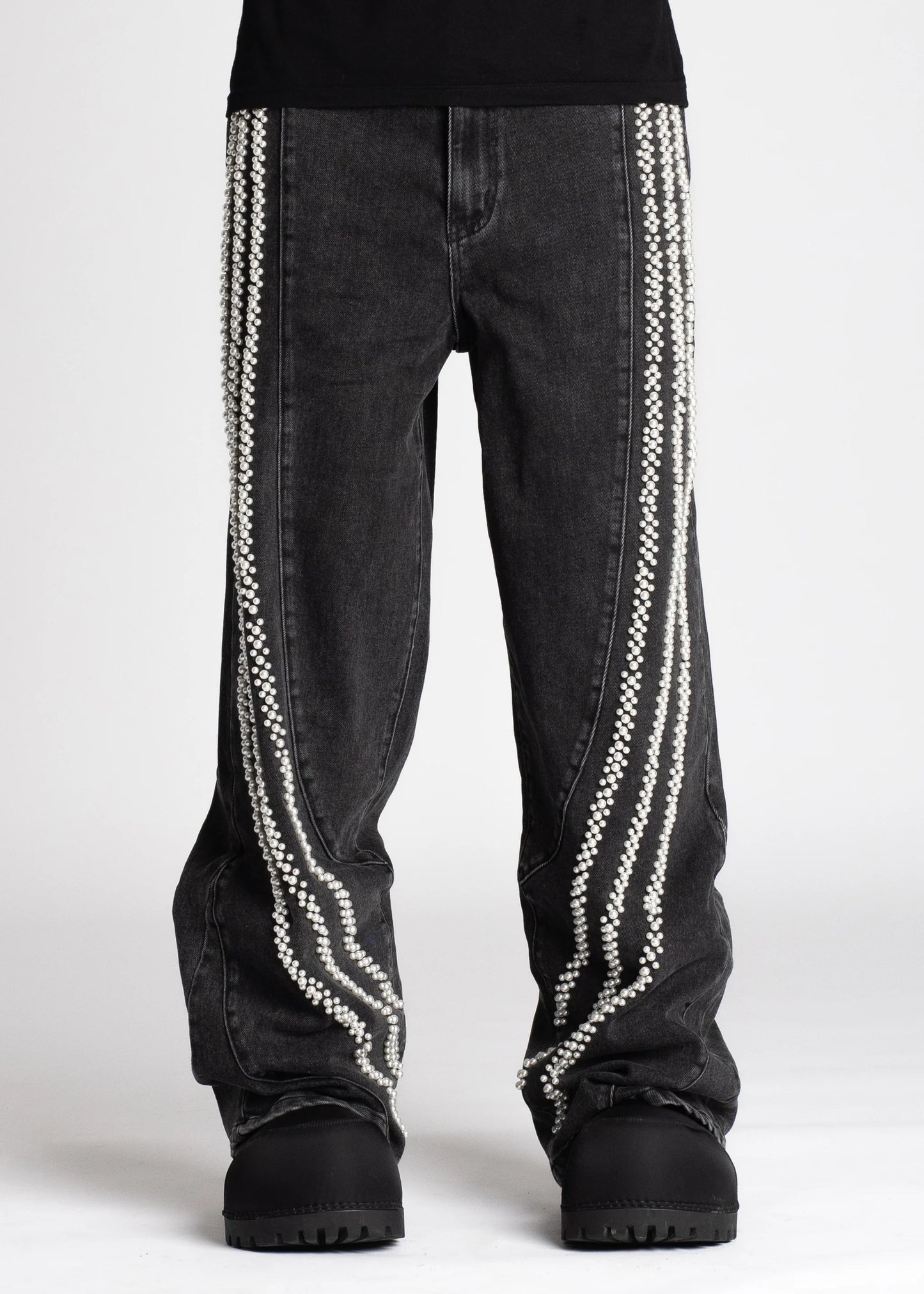 Guapi Iron Grey Pearls statement denim, front view, men's streetwear