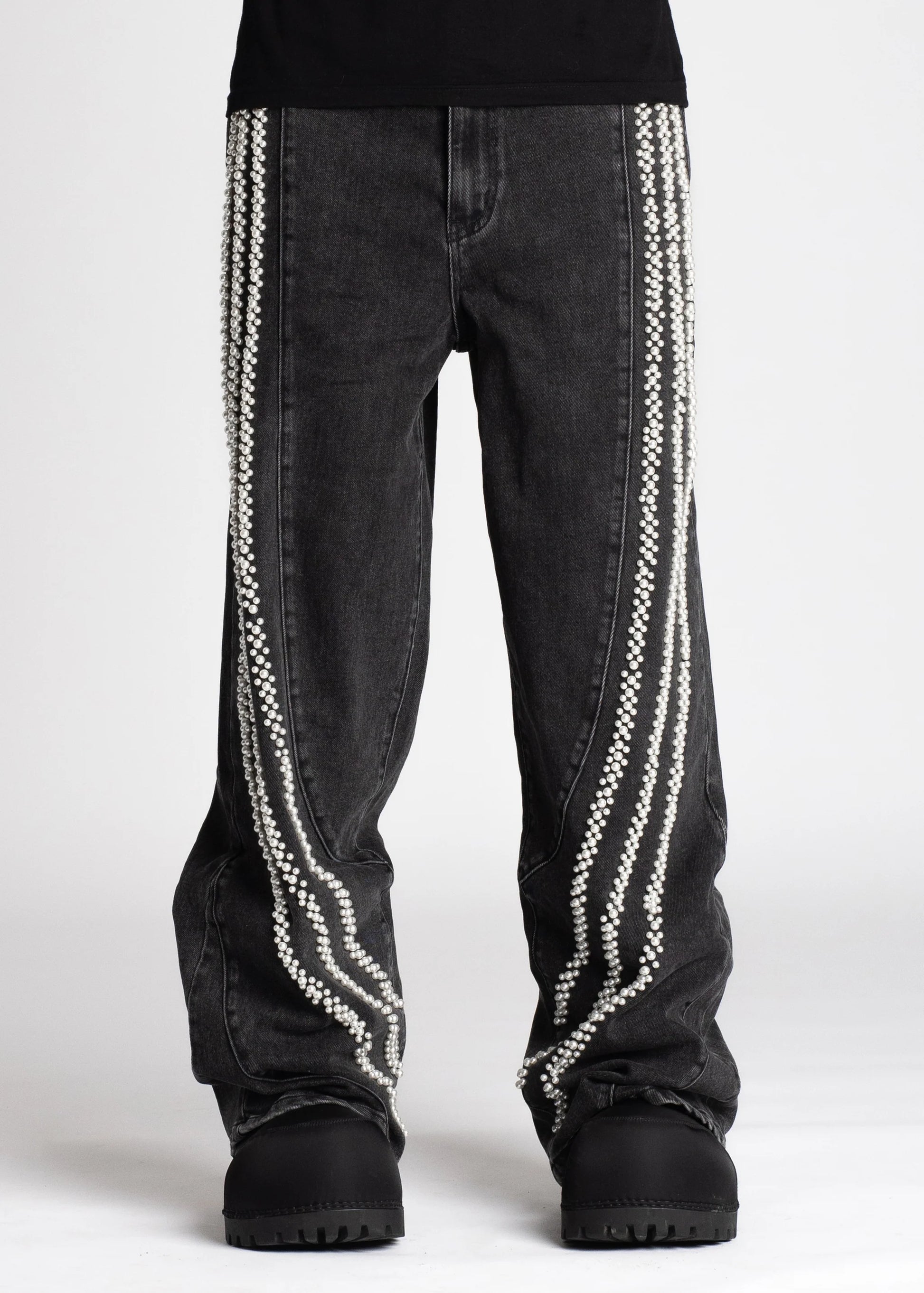 Guapi Iron Grey Pearls statement denim, front view, men's streetwear