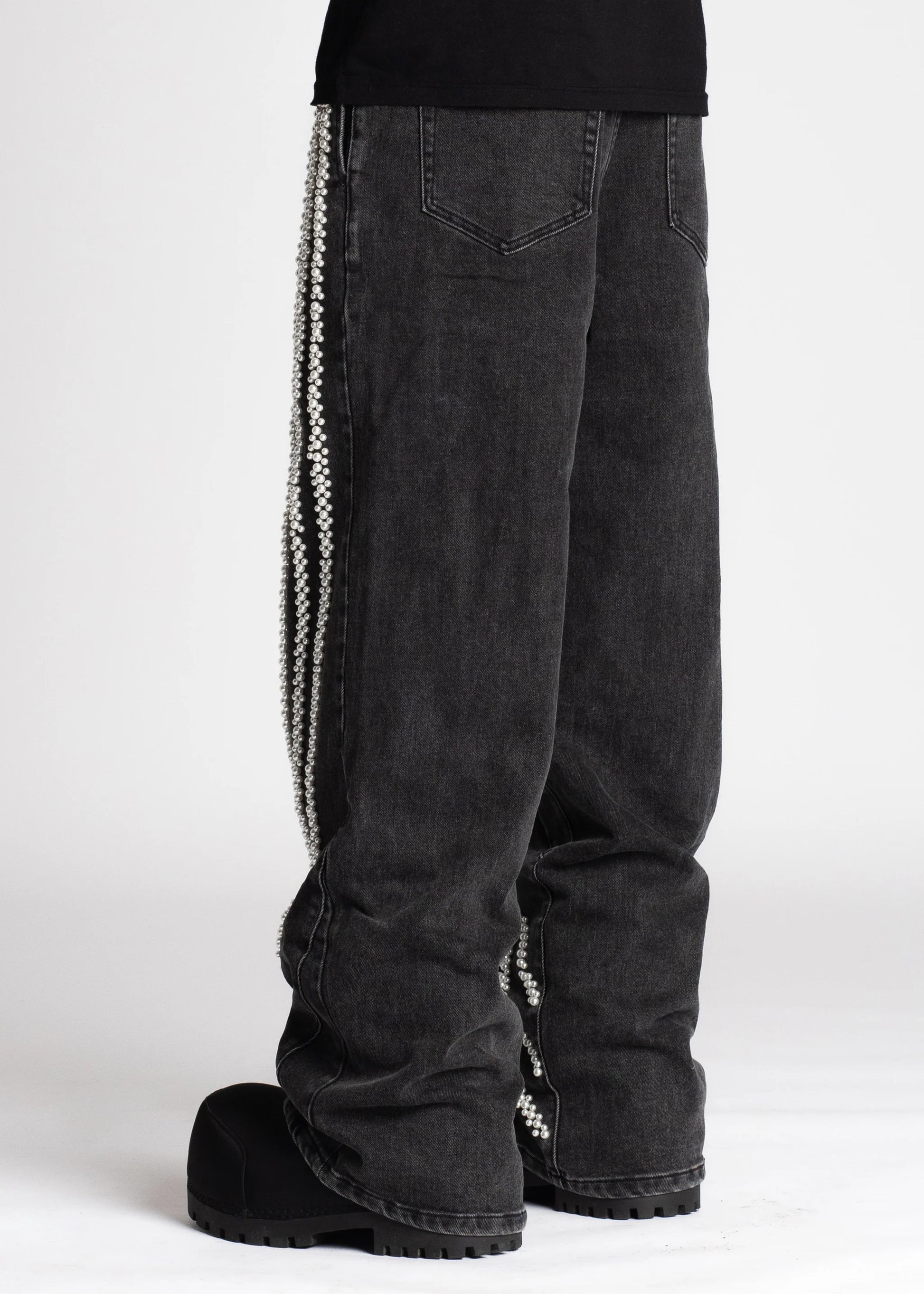 Guapi Iron Grey Pearls statement denim, alternate angle, men's streetwear