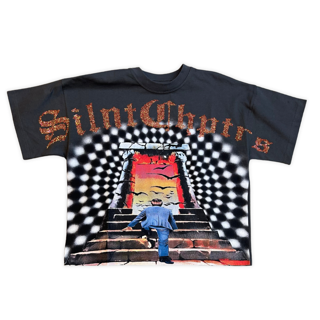 SILNT CHPTRS Illusion graphic tee, front view, men's streetwear