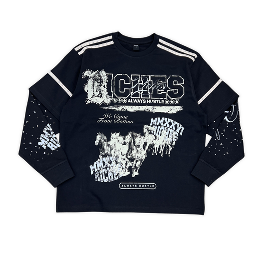 Elite PD Riches long sleeve tee, front view, men's streetwear