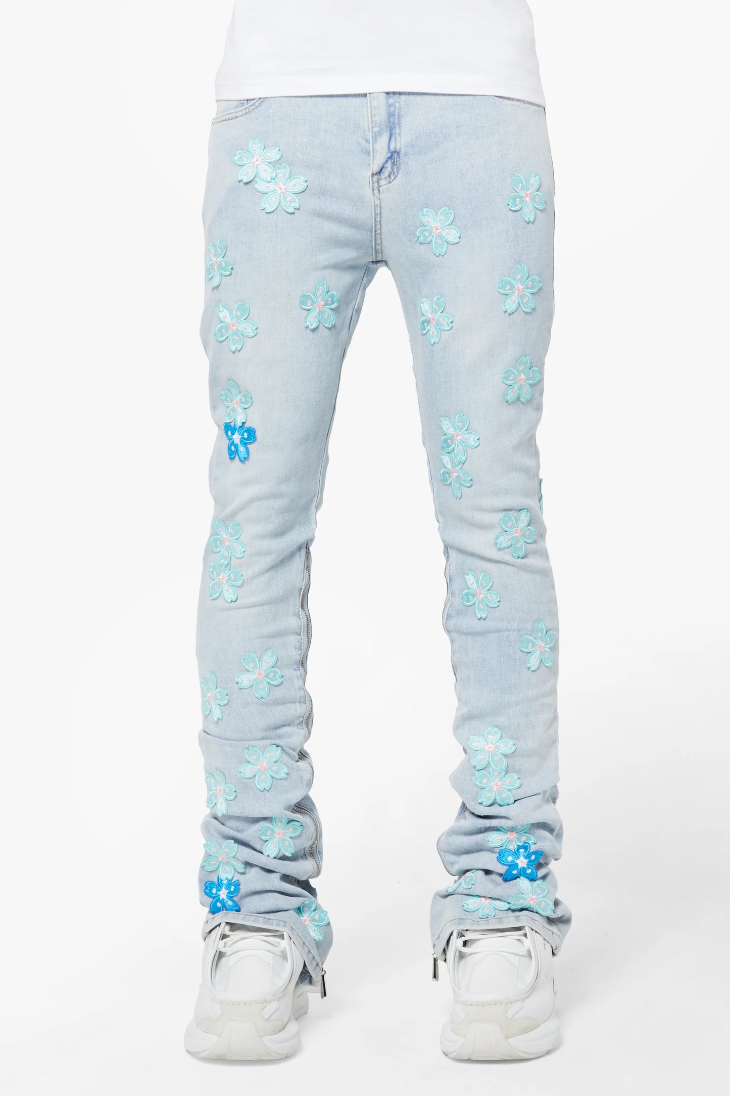 Guapi Aqua Blue Blossom statement denim, front view, men's streetwear