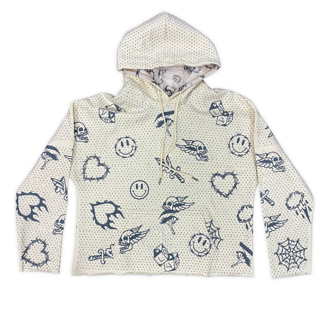 Focus All Over Stone cropped hoodie, front view, men's streetwear