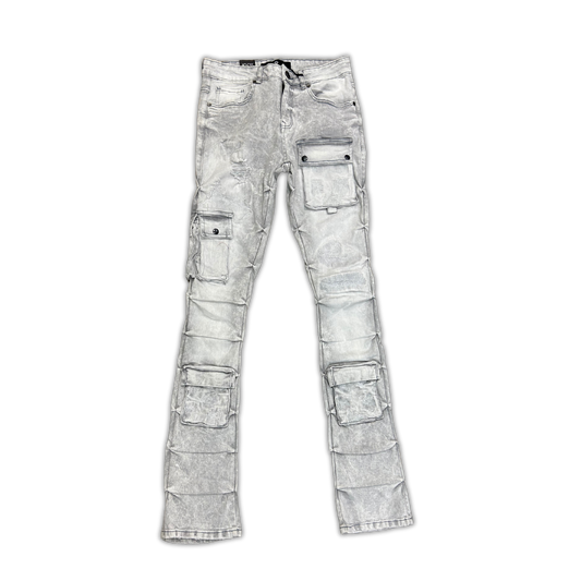 Focus Cargo Stacked Denim - Light Grey cargo stacked jeans, front view, men's streetwear