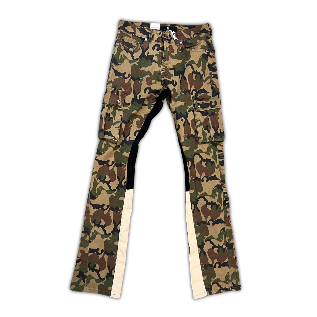 Focus Cargo Stacked Denim - Camo cargo stacked jeans, front view, men's streetwear