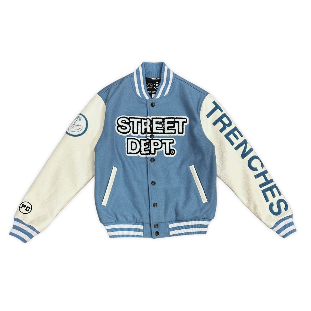 PG Apparel Street Dept - varsity jacket, front view, men's streetwear
