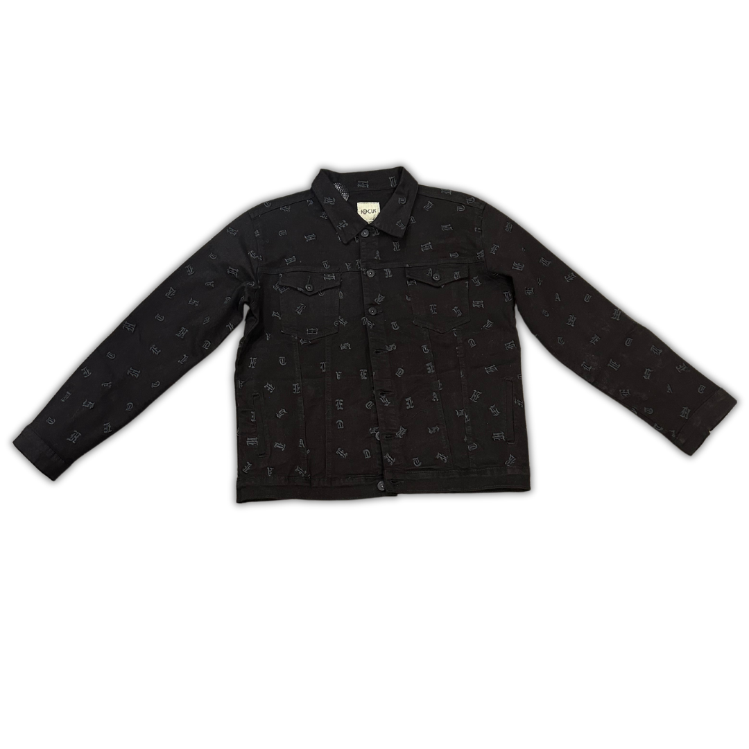 Focus Alphabet Stitched denim jacket, front view, men's streetwear