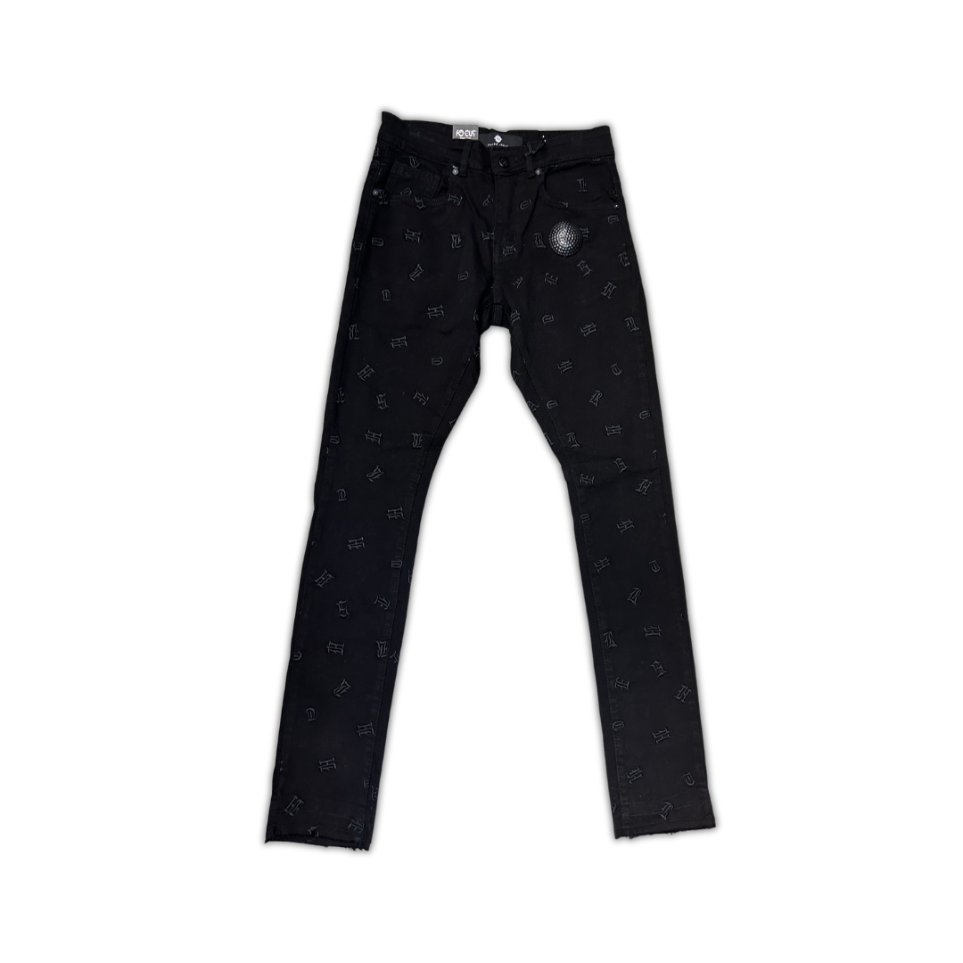 Focus Alphabet Stitched skinny jeans, front view, men's streetwear