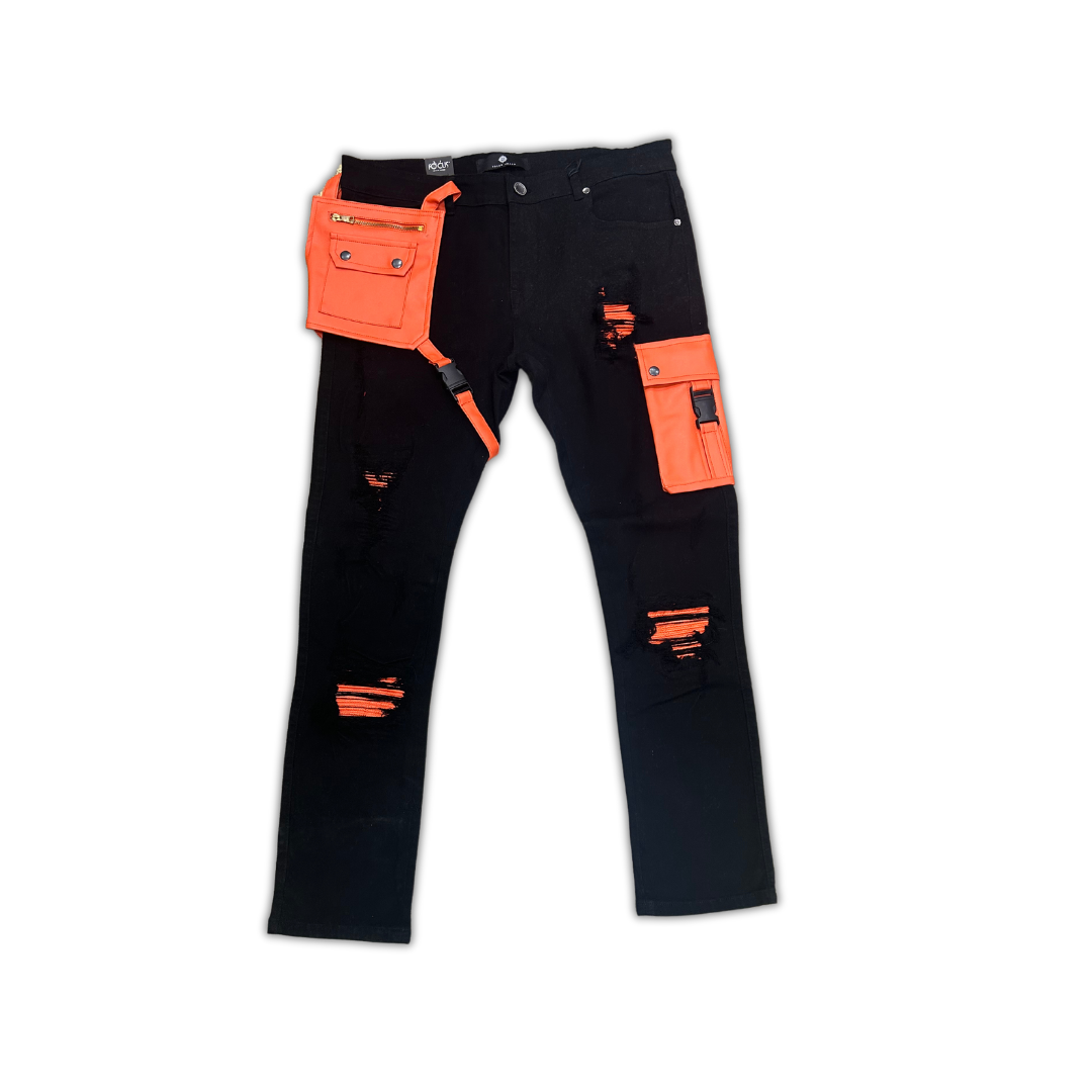 Focus Leather Pocket skinny jeans, front view, men's streetwear