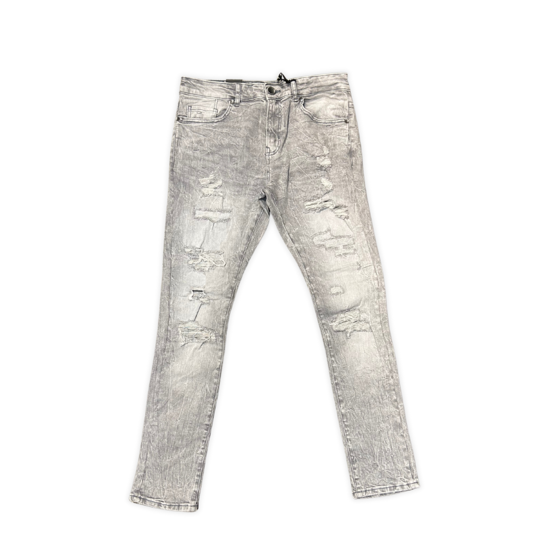 Focus Ripped Skinny Denim - Light Grey ripped skinny jeans, front view, men's streetwear