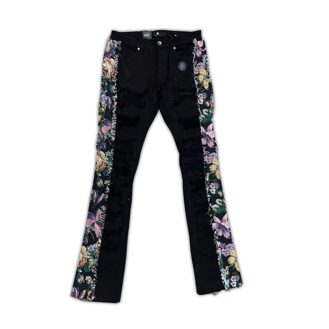 Focus Ripped Stacked Flower Denim flower stacked jeans, front view, men's streetwear