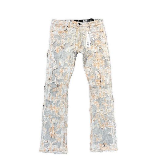 Focus Messy Ripped Stacked Denim - Peach ripped stacked jeans, front view, men's streetwear