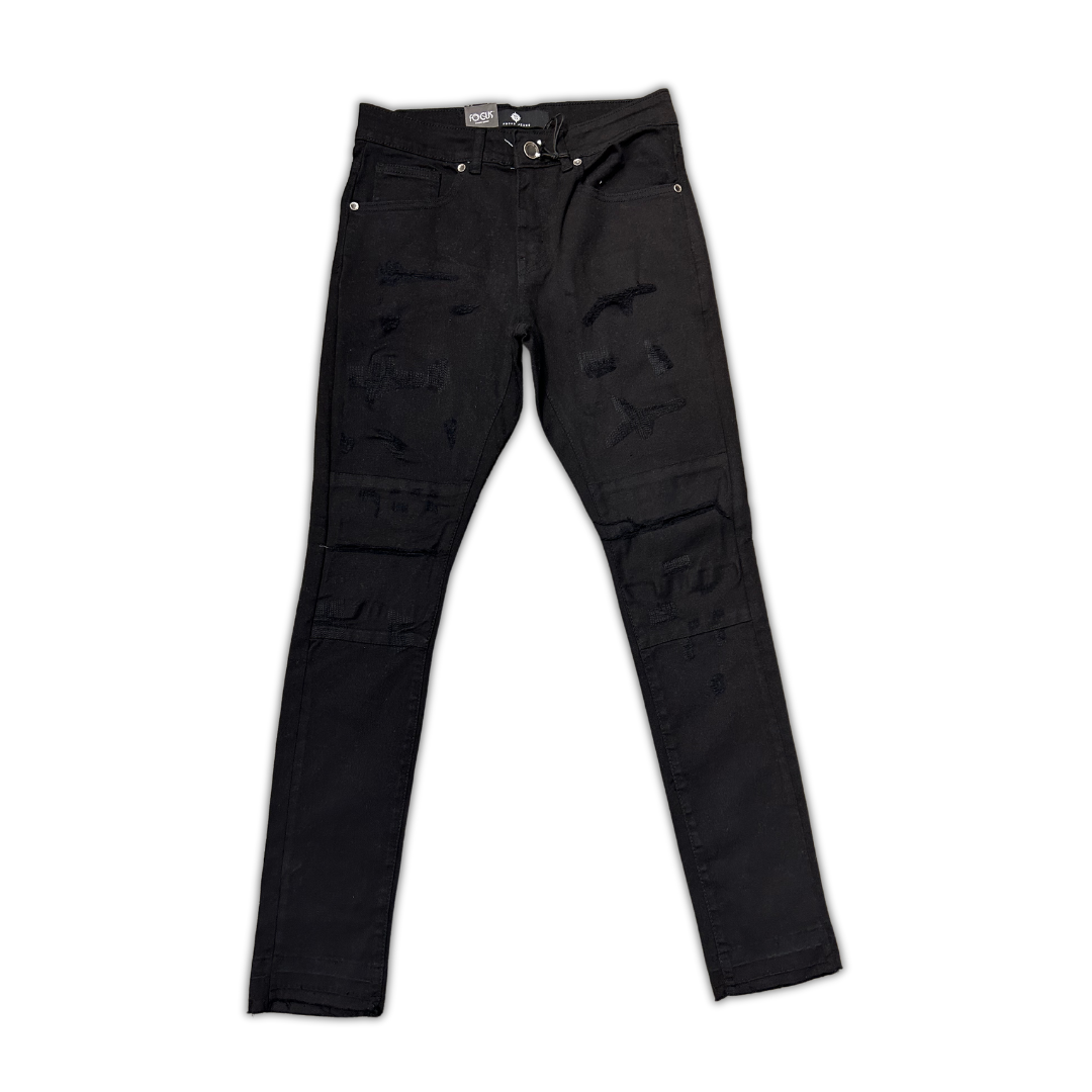 Focus Black Ripped/Knee Pad ripped skinny jeans, front view, men's streetwear