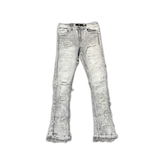 Focus Ripped Stacked Denim - Light Grey ripped stacked jeans, front view, men's streetwear