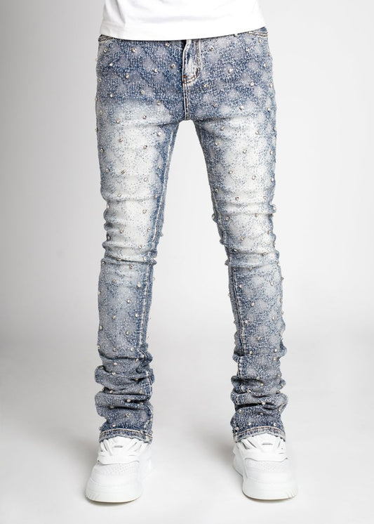 Guapi Aqua Blue Embellished statement denim, front view, men's streetwear
