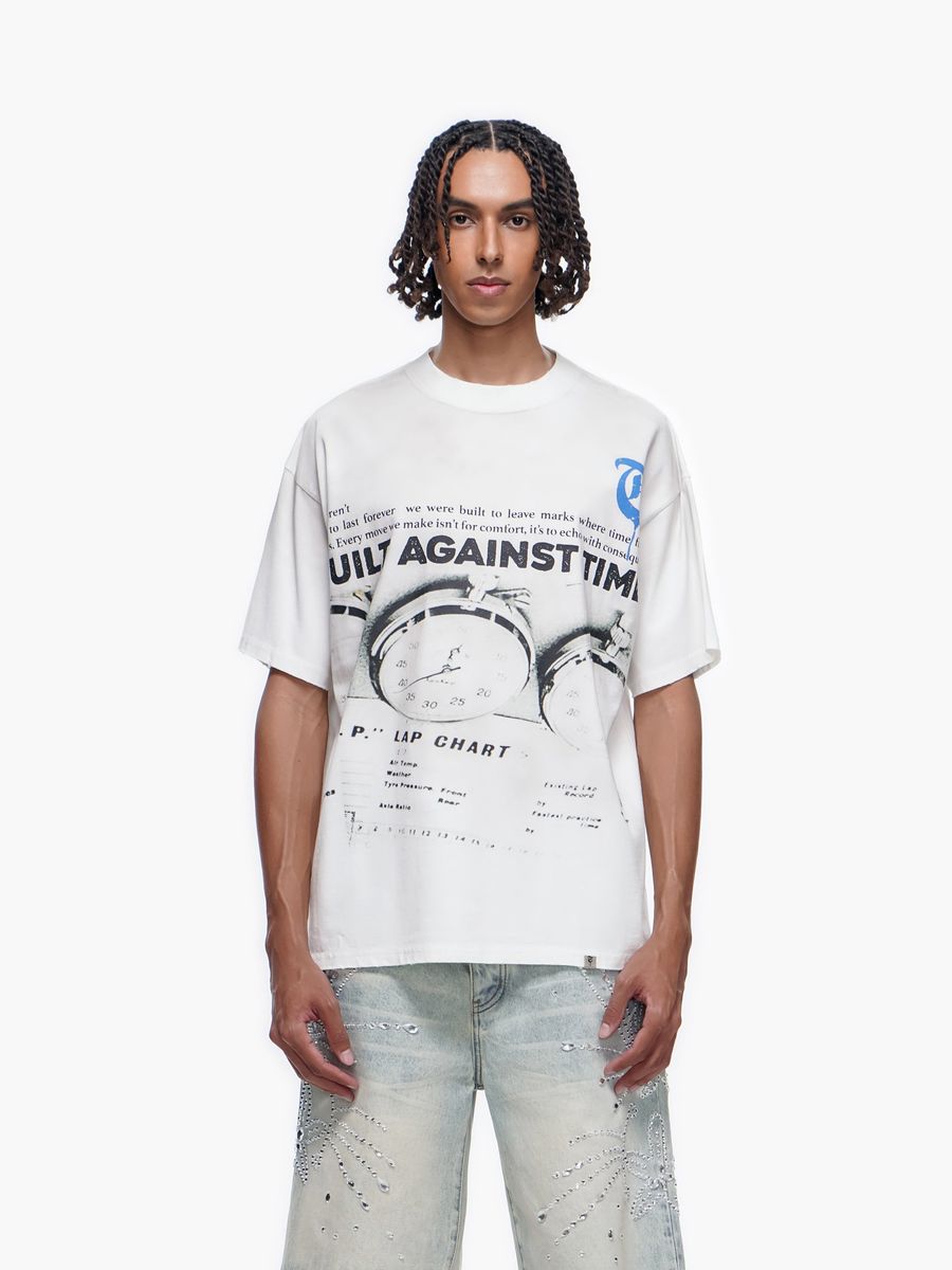 TRNCHS Built Against Time graphic tee, front view, men's streetwear