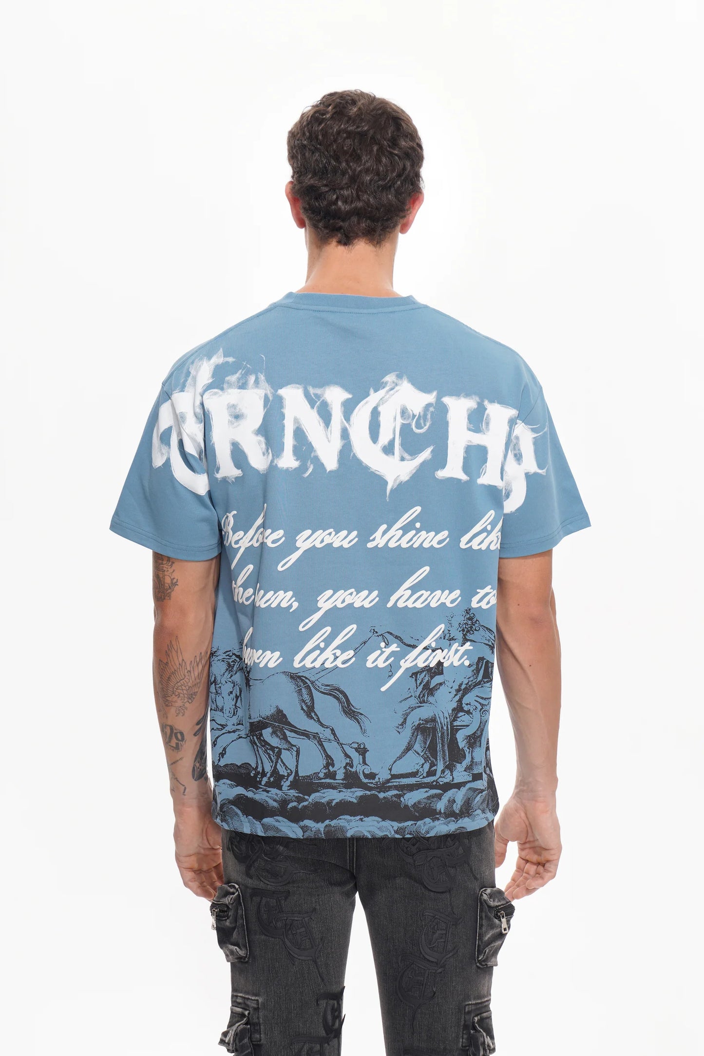 TRNCHS Burn Like The Sun graphic tee, alternate angle, men's streetwear