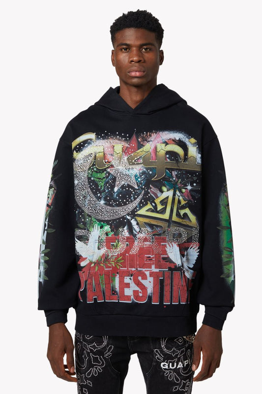 Guapi Free Palestine graphic hoodie, front view, men's streetwear