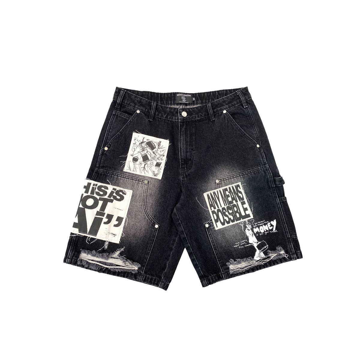 Mixed Emotions Black Ai Denim shorts, front view, men's streetwear