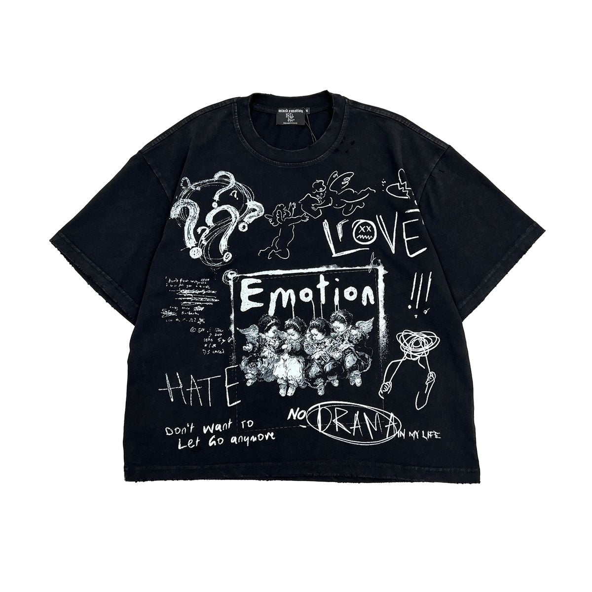 Mixed Emotions Black Chaos graphic tee, front view, men's streetwear