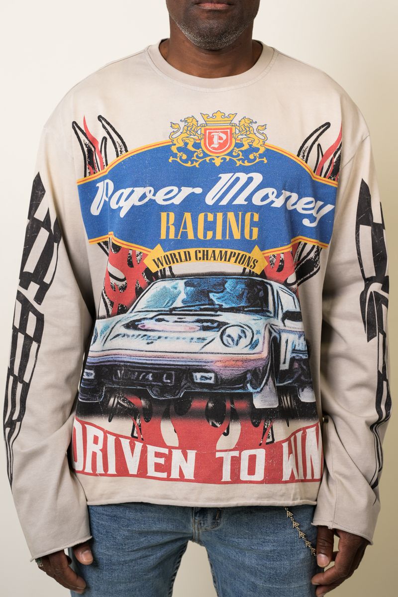 Paper Money Driven to Win long sleeve tee, front view, men's streetwear