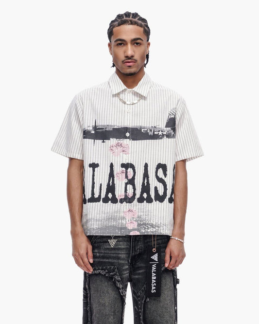 Valabasas Flower Bomb button-down shirt, front view, men's streetwear