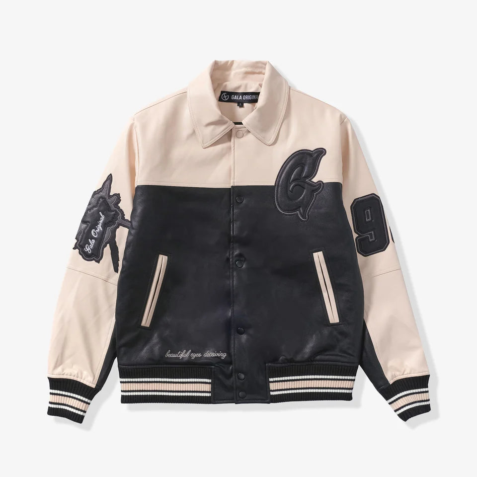 Gala Original Abyss leather varsity jacket, front view, men's streetwear