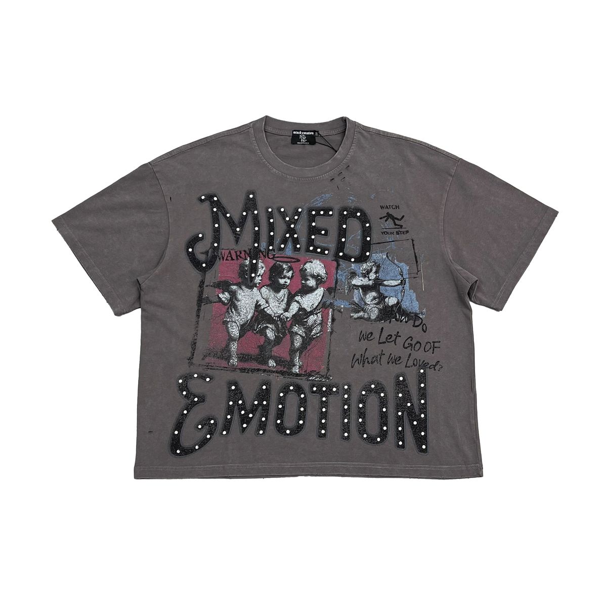 Mixed Emotions Grey Friends graphic tee, front view, men's streetwear