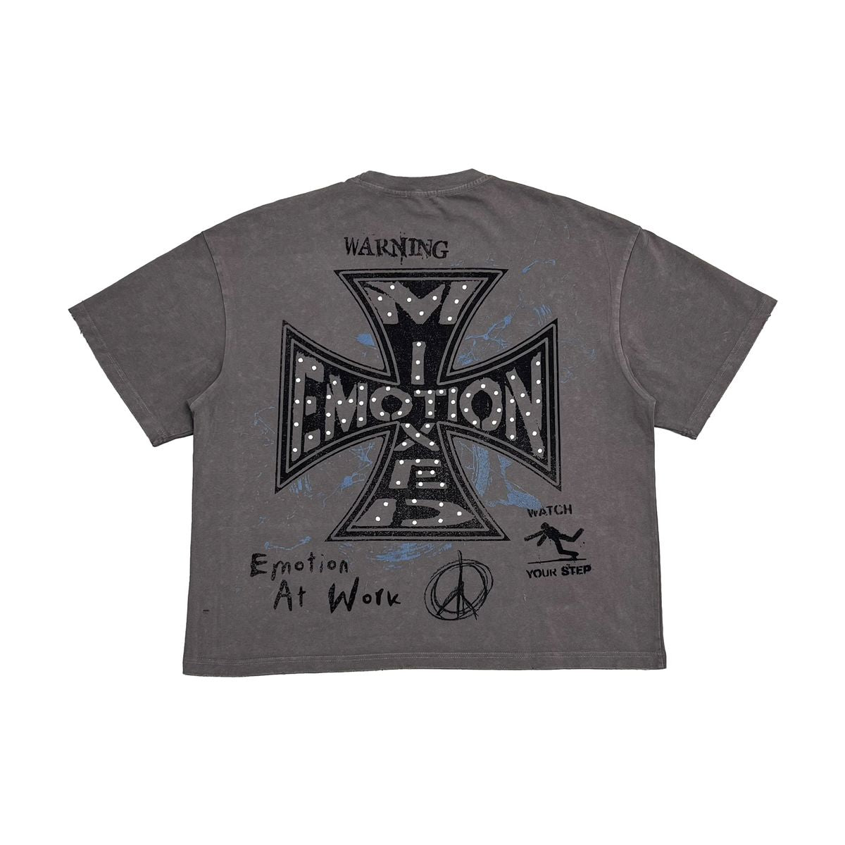 Mixed Emotions Grey Friends graphic tee, alternate angle, men's streetwear