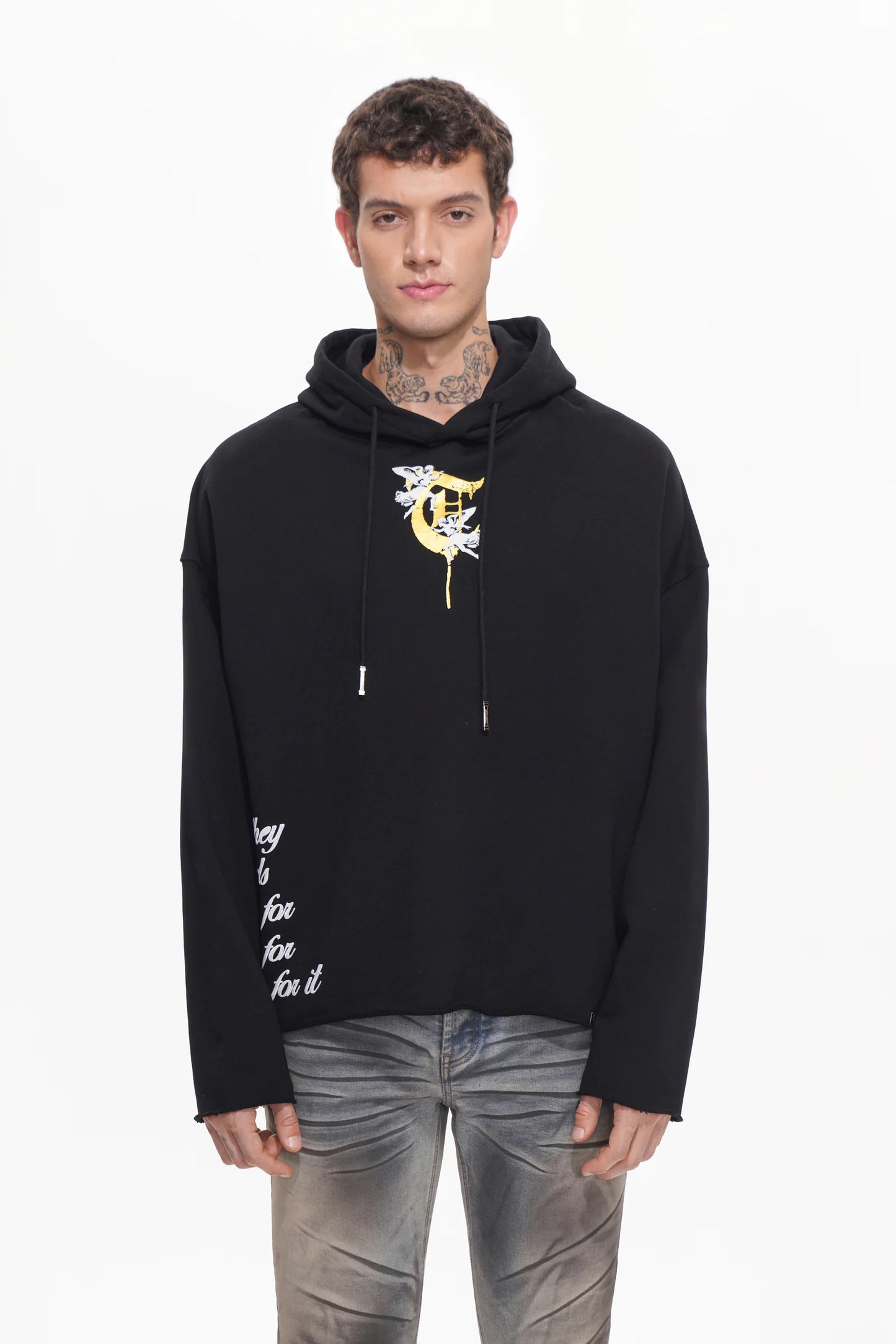 TRNCHS Heaven Has No Saints graphic hoodie, front view, men's streetwear