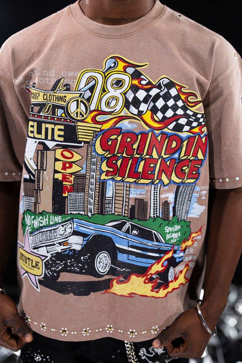 Mayhem Premium Mens Tee Brown — close-up of rhinestones and embellishments