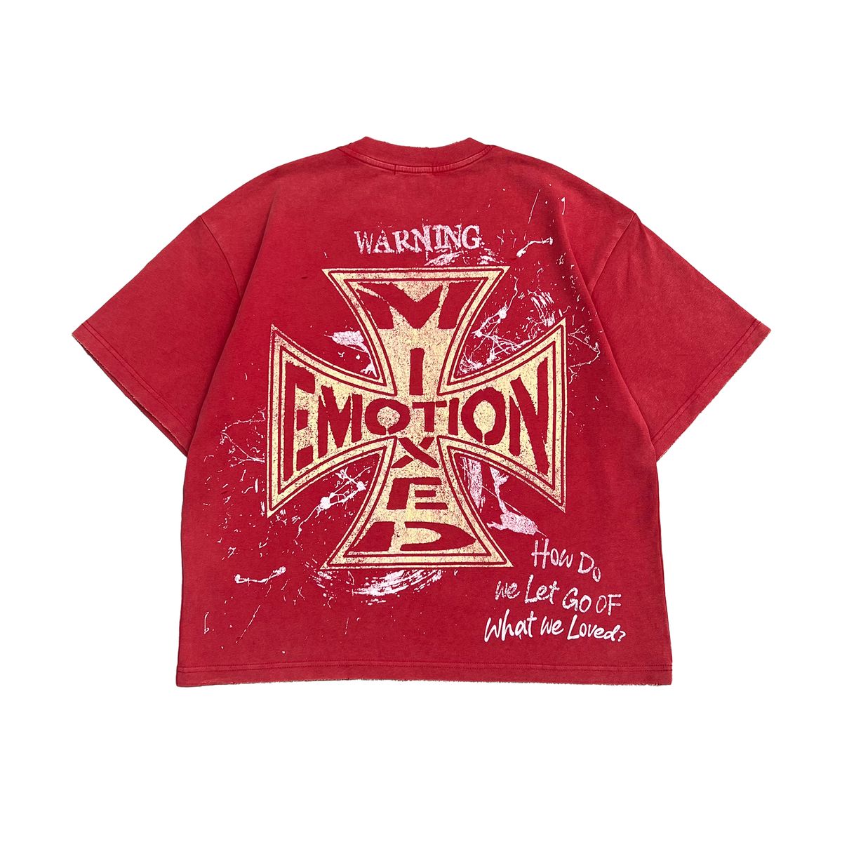 Mixed Emotions Red Crimson graphic tee, alternate angle, men's streetwear