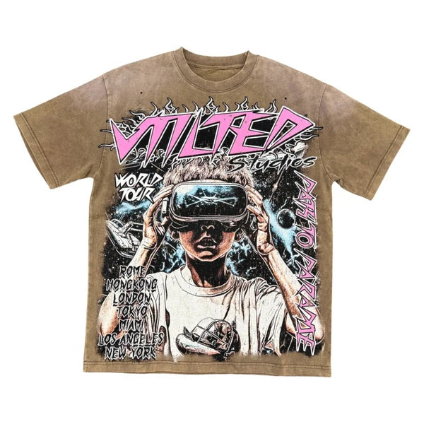V Tilted Tokyo Brown graphic tee, front view, men's streetwear