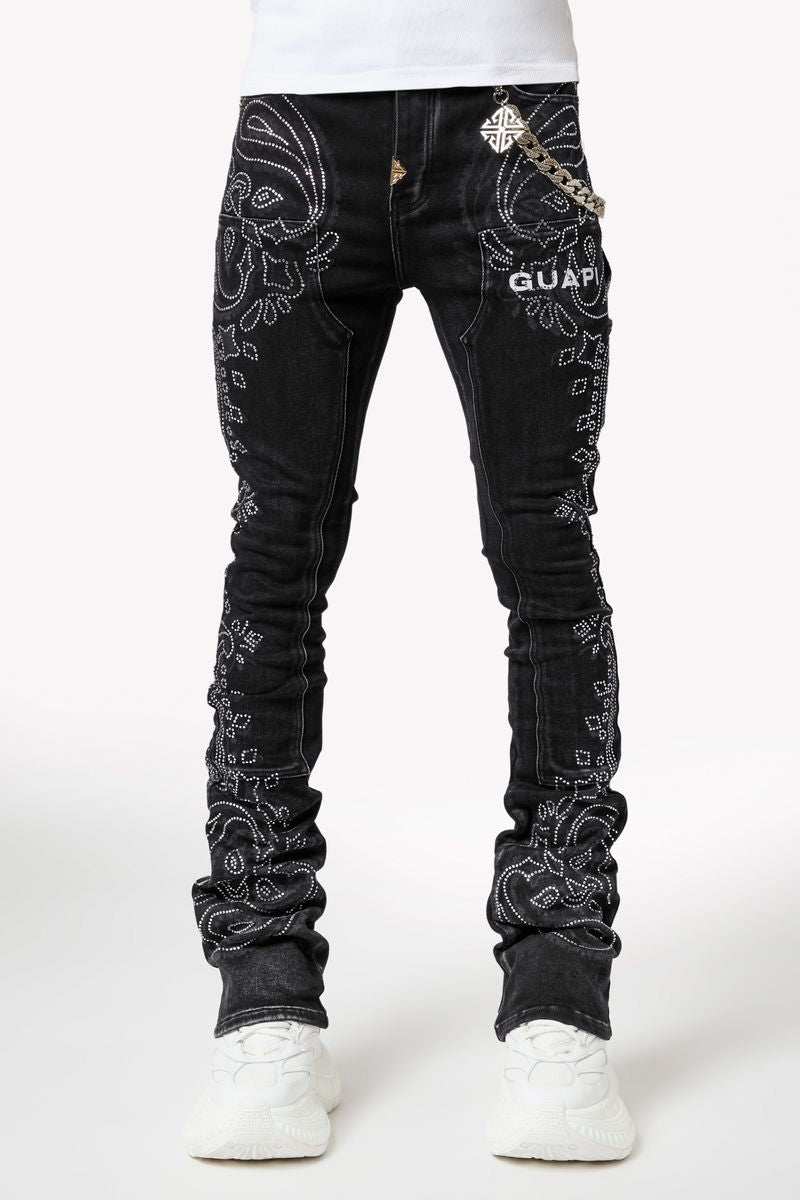 Guapi Black Paisley statement denim, front view, men's streetwear